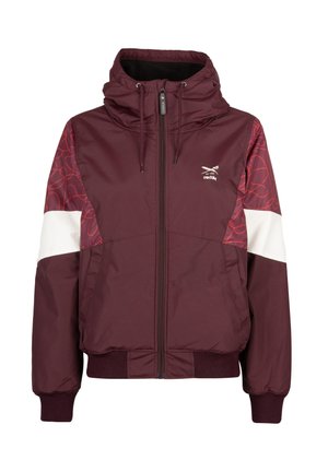 Bordeauxfarbene Jacke mit hohem Kragen und Reißverschluss vorne. Verfügt über weiße und gemusterte Stoffakzente an den Ärmeln. Rippbündchen und -saumdetails.