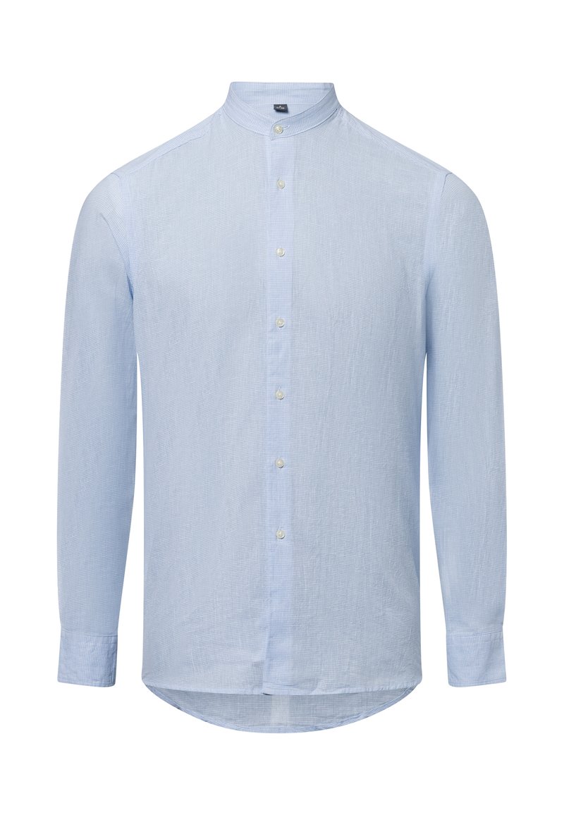 Light blue long-sleeve shirt with a band collar, button front, and a textured fabric. Curved hem and standard button cuffs.