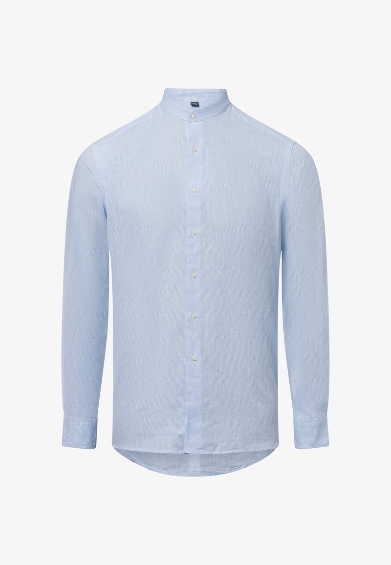 Light blue long-sleeve shirt with a band collar, button front, and a textured fabric. Curved hem and standard button cuffs.