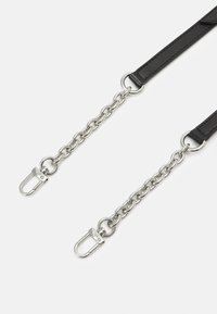 Black leather strap with silver metal chain links. Dual metal clips at ends for attachment. Smooth texture with shiny metallic finish.