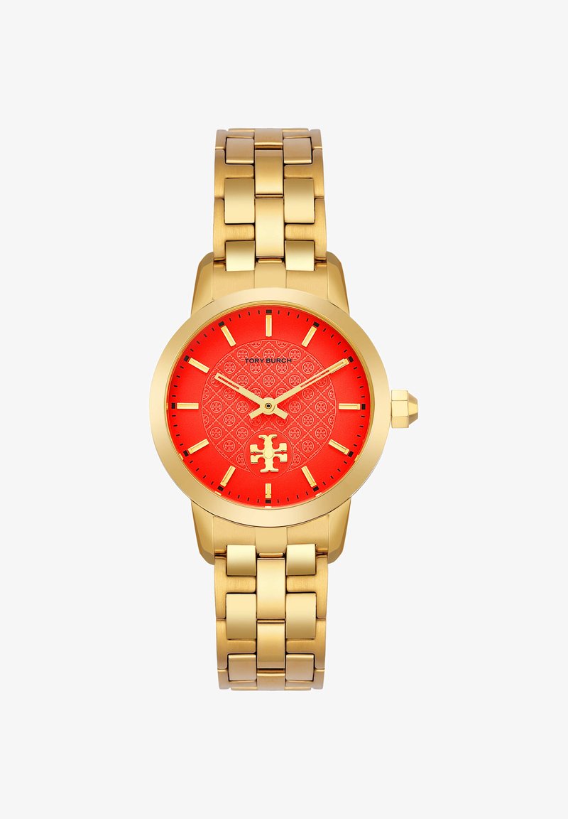 Montre-bracelet en métal doré avec cadran rouge à motif, index dorés et trois aiguilles indiquant 10h09, bracelet à maillons.