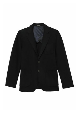 Schwarzer Blazer mit Reverskragen, zwei Vorderpaschen und einreihigem Design. Verfügt über ein glattes Satinfutter.
