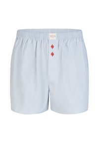 Boxer in cotone azzurro con vita elastica, dotati di una patta frontale con due bottoni rossi e un'etichetta tessuta.