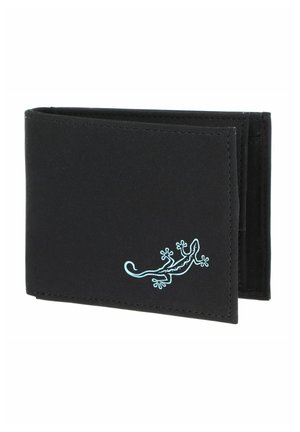 Portefeuille noir bifold avec un petit dessin stylisé de lézard bleu clair dans le coin inférieur droit.