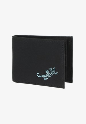 Black bifold wallet with a small light blue stylized lizard graphic in the bottom right corner.