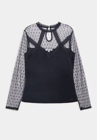 Svart långärmad topp med en solid bodice och genomskinliga ärmar i prickig mesh, med spetsdetaljer och en nyckelhålsrygg.