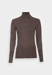 Pull à col roulé marron à manches longues avec poignets et bandeau côtelés, présenté sur un fond blanc uni.