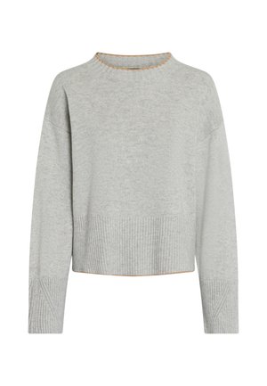 Light gray sweater with a ribbed texture, wide crew neckline, and drop shoulders. Features contrasting orange stitching along the neckline.