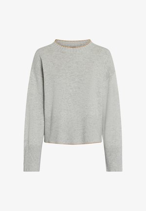 Light gray sweater with a ribbed texture, wide crew neckline, and drop shoulders. Features contrasting orange stitching along the neckline.