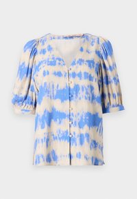Kortermet bluse med v-hals i beige og blå tie-dye mønster, med puffermer og knappestolpe foran. Laget av lett stoff.