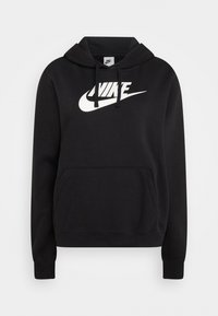 Svart hoodie i bomull med en stor vit Nike-logotyp på bröstet, en framficka i kängurustil, samt ribbade muddar och nederkant.
