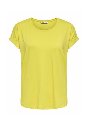 Yellow short-sleeve casual T-shirt with rolled cuffs and round neckline, displayed on a white background.
