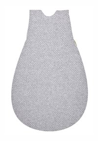 Grau gewebter Textil-Schlafsack für Babys in runder Tropfenform mit einer Aussparung für den Hals, ausgestattet mit einer weichen, strukturierten Oberfläche.