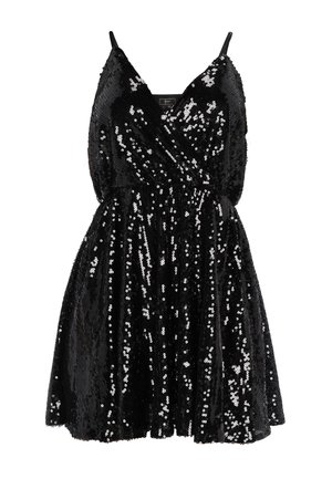 Zwarte mouwloze jurk met V-hals, een aansluitende taille en overal glanzende pailletten.