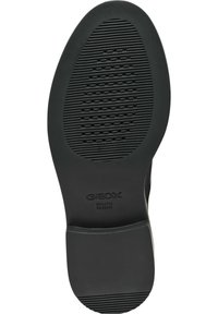Semelle de chaussure en caoutchouc noir présentant des rainures texturées horizontales et verticales, avec "GEOX ITALIAN PATENT" embossé près du talon.