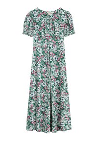 Floral midi dress with short puff sleeves. Green base with white, pink, and blue floral patterns. V-neck and button details at the front.