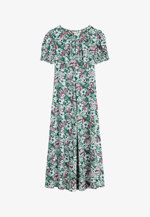 Robe midi fleuris avec des manches bouffantes courtes. Fond vert avec des motifs floraux blancs, roses et bleus. Décolleté en V et détails en boutons à l'avant.