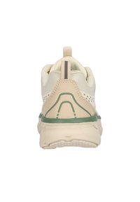 Beige Sportsschuh mit Netzpaneelen, grünen Akzenten an der Sohle und einer strukturierten Gummisohle. Verfügt über eine verstärkte Ferse und eine Zugschlaufe.