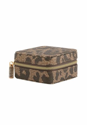 Square leopard print case made of textured fabric with gold zipper hardware and a small decorative zipper pull.