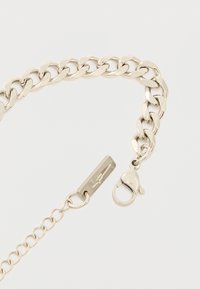 Ασημένιο κολιέ με μεγάλους κρίκους και κούμπωμα με κλείδωμα σε σχήμα αστακού, με μια μικρή ορθογώνια ετικέτα κοντά στο κούμπωμα σε λευκό φόντο.