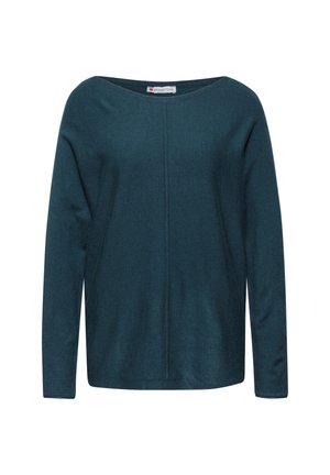 Tyrkysový svetr z vlněné směsi s dlouhými rukávy, lodičkovým výstřihem a centrálním švem. Měkká textura a uvolněný střih.