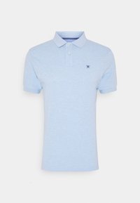 Light blue polo shirt made of cotton, featuring a classic collar, two-button placket, and a navy embroidered logo on the chest.