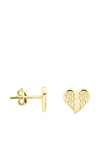 Guldtonade hjärtformade studs i öronen med ett strukturerat vingmönster. Inkluderar en baksidan med post för säker användning. Polished finish.