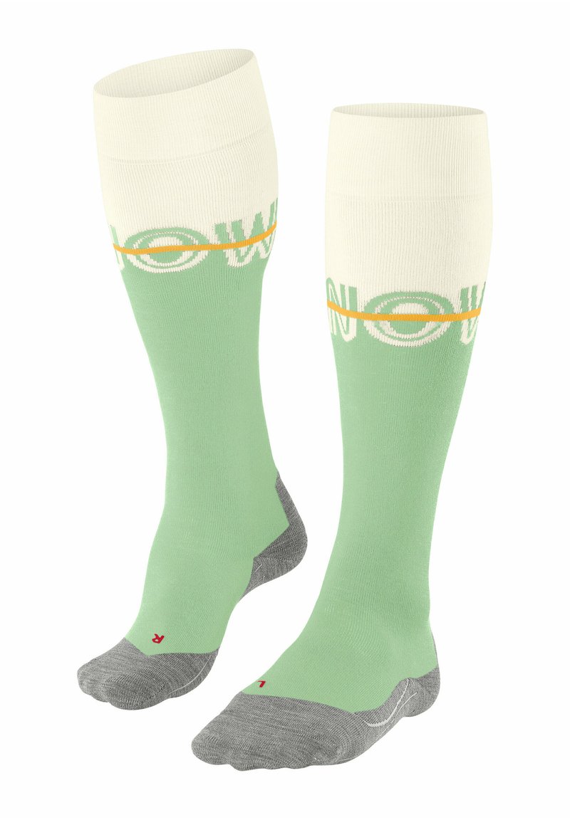 Calze fino al ginocchio in verde menta con risvolti in avorio. Presentano testo grafico bianco e arancione, tallone e punta rinforzati in grigio.