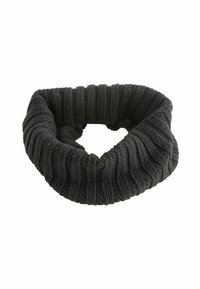 Gestrickter schwarzer Infinity-Schal mit gerippter Textur und kreisförmiger Form, der ein einheitliches Muster im gesamten Stoff aufweist.