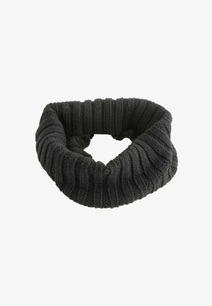 Gebreide zwarte infinity sjaal met een geribbelde textuur en een cirkelvorm, met een consistent patroon door de stof heen.