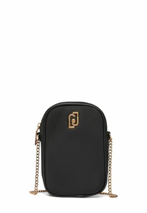 Black synthetic leather crossbody bag with a rounded shape, gold-tone chain strap, and a prominent logo on the front.