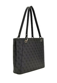 Borsa tote in ecopelle nera con superficie texture, accessori in argento e doppi manici. Forma rettangolare con motivo decorativo su tutta la superficie.