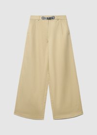 Beige Hosen mit weitem Bein und hoher Taille, mit vorderen Falten und einem verstellbaren grauen Gürtel. Hergestellt aus glattem Stoff mit sauberem Finish.