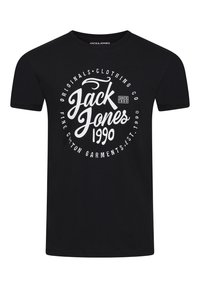 Camiseta de algodón negra con logotipo circular blanco que presenta el texto "Jack Jones" y "1990" en fuentes estilizadas. Cuello redondo, mangas cortas.