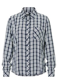 Camicia a quadri blu e bianca con maniche lunghe, colletto classico e taschino sul petto. Realizzata in tessuto intrecciato con una consistenza morbida.