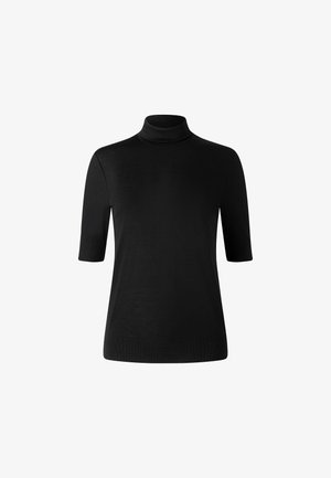 Maglietta nera a maniche corte con collo alto realizzata in un tessuto a maglia morbido, caratterizzata da un collo aderente e da una texture sottile in tutta la superficie.
