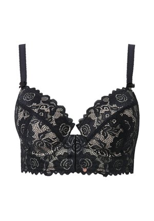 Black lace bra featuring scalloped edges, floral patterns, underwire support, adjustable straps, and a front closure with a small accent detail.
