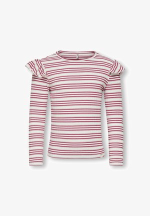 Wit shirt met lange mouwen en rode en gouden strepen. Bevat gerimpelde accenten op de schouders. Gemaakt van ribbelstof.