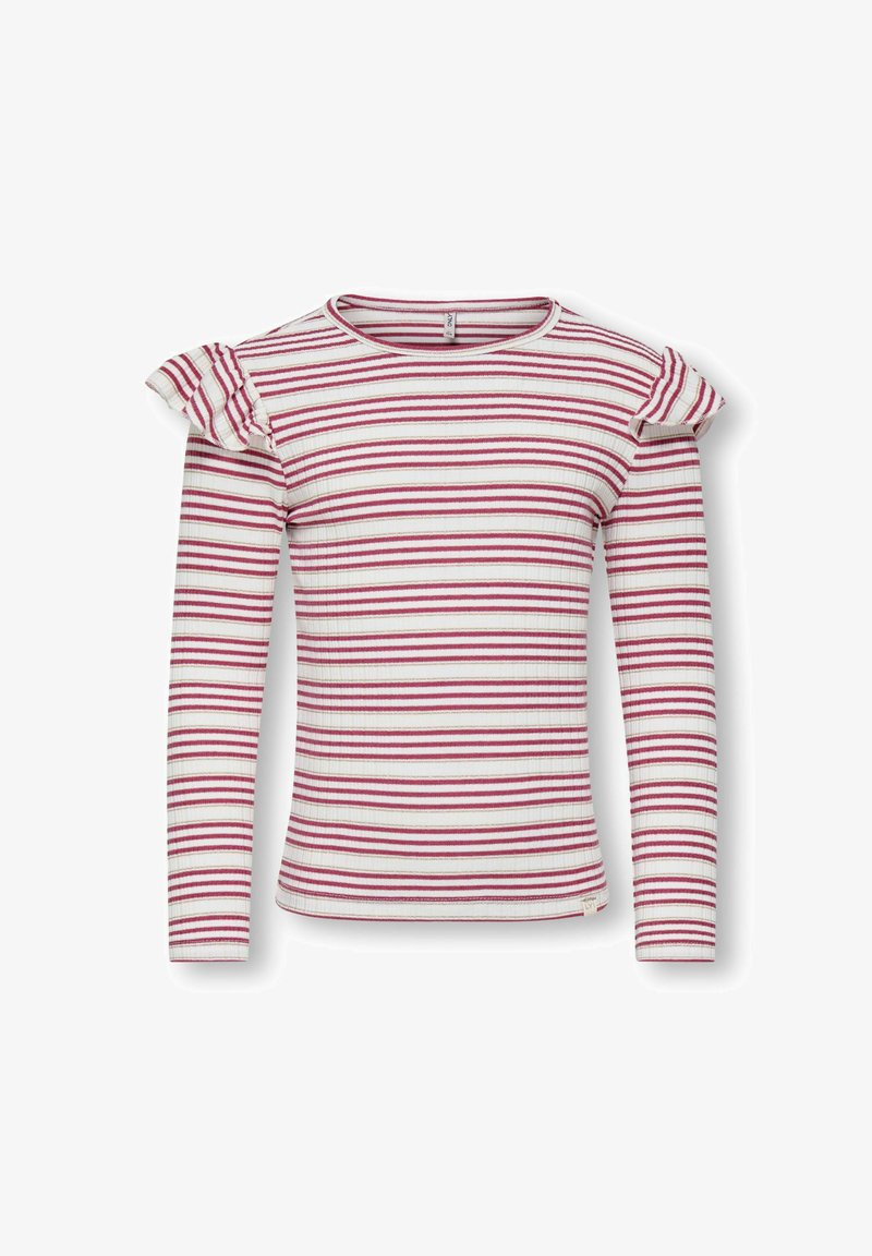 Biała koszula z długim rękawem w czerwone i złote paski. Posiada falbany na ramionach. Wykonana z prążkowanej tkaniny.