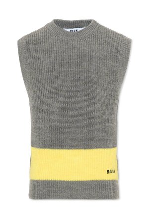 Gilet en maille gris sans manches avec une large bande jaune près de l'ourlet et petit logo noir MSGM en bas à droite.