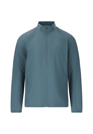 Blue lightweight jacket made of smooth synthetic material, featuring a full zipper, high collar, and side pockets. Minimalist design.