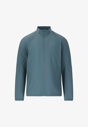 Blau leichte Jacke aus glattem synthetischen Material, ausgestattet mit einem durchgehenden Reißverschluss, hohem Kragen und seitlichen Taschen. Minimalistisches Design.