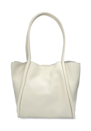 Bolso tote de cuero blanco con superficie texturizada, que cuenta con dos asas largas y un diseño de parte superior abierta.