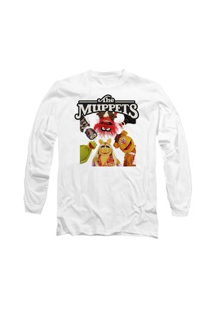 Long-sleeve white T-shirt featuring a colorful graphic of Muppet characters, including Kermit, Miss Piggy, and others, with bold text.