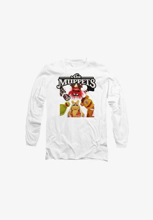 Langärmliges weißes T-Shirt mit einem bunten Grafikdesign von Muppet-Charakteren, einschließlich Kermit, Miss Piggy und anderen, mit auffälligem Text.