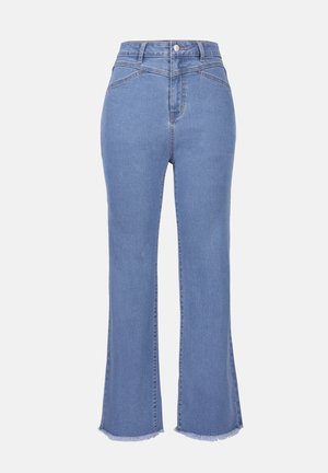 Jeans in denim azzurro chiaro a campana con vita alta, dotati di tasche frontali, chiusura a zip e orlo grezzo nella parte inferiore.