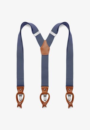 Blaue Hosenträger aus Stoff mit braunen Lederakzenten und silbernen Metallclips in einem Y-förmigen Rücken-Design.