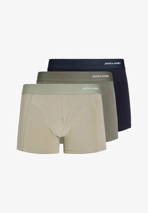 Kolm paari meeste bokserpükse beežis, oliivrohelises ja mustas, virnastatud „JACK & JONES“ logodega vöödel.