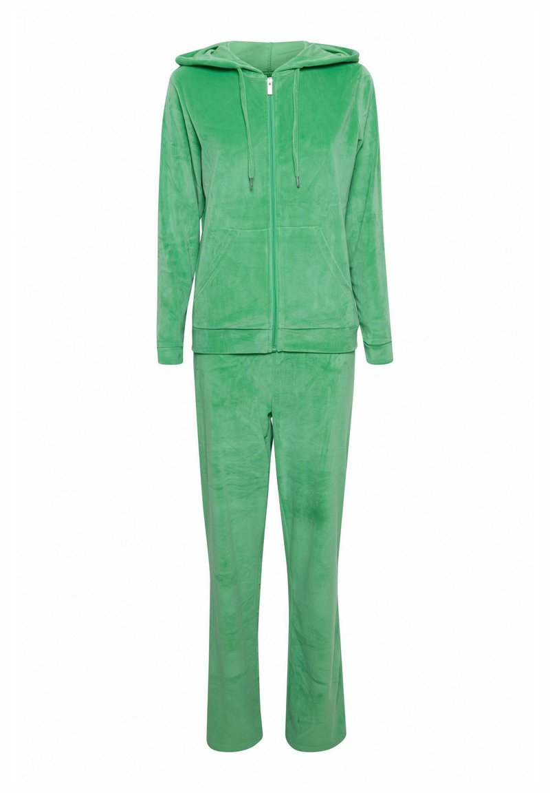 Grüner Velours-Trainingsanzug mit einer Zip-Hoodie-Jacke mit Vordertaschen und passenden Hosen mit geradem Bein.
