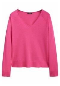 Pull rose à manches longues avec col en V, fabriqué en tissu doux. Comprend des poignets et un ourlet côtelés. Design simple, sans motifs ni accents.